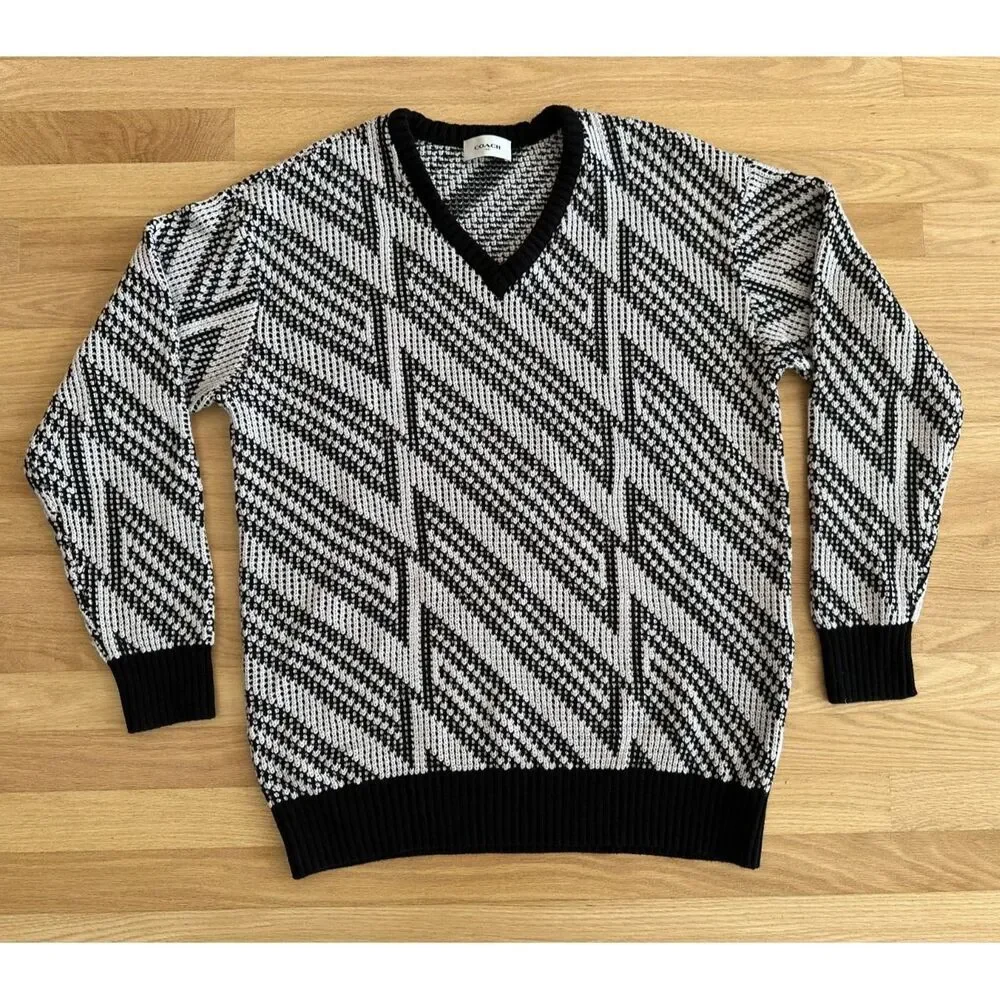 Coach Black White Geometric Chevron Knit V-Neck Sweater Pullover Men's size M
